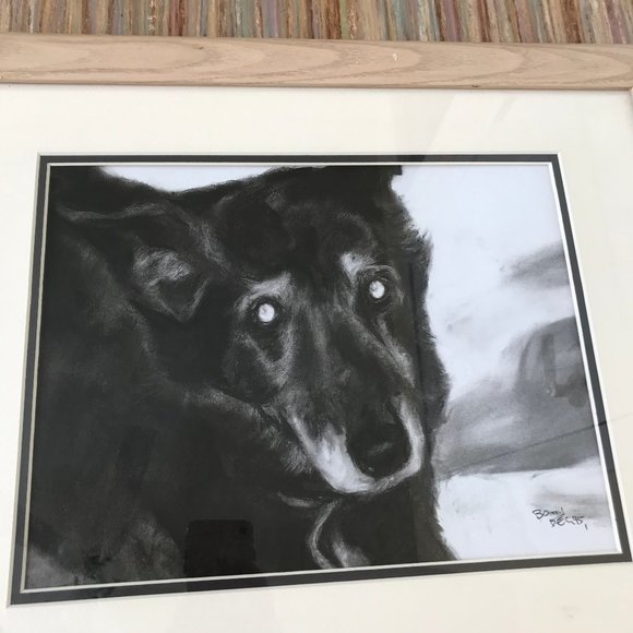 Black Dog Original Charcoal Drawing Framed Artist Signed & Dated Barry '95 - Picture 2 of 7